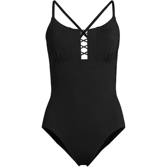 Land's End Plus Size lace up one piece swimsuit bathing suit, tie back black 24W - Picture 1 of 7